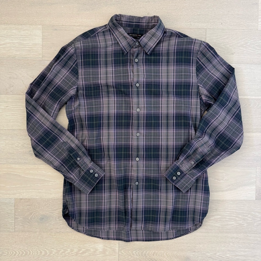 John Varvatos Star USA Light Weight Cotton Plaid Shirt in Purple and Green